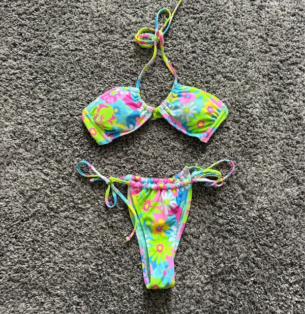 Neon Floral Tie-Side Bikini Set - Women's Bright Multicolor - Image 3