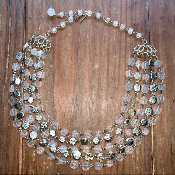 Silver Glass Beaded Statement Bib Necklace, Vintage Elegant Gift for Water Signs - Image 2