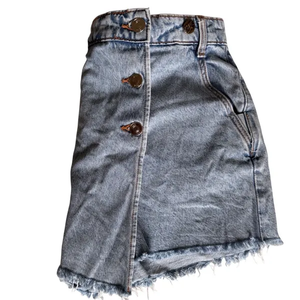 Zara Womens Light Wash Denim Skort Wrap Front Button Frayed Hem‎ Blue Size Small - Image 4