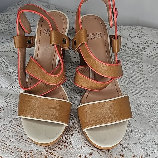 See by Chloe tan pink strappy snap ankle strap open toe block heels sz 6 - Image 5