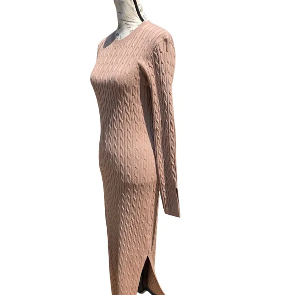 4th & Reckless NWOT 49Y Mocha Tan Cable Knit‎ Maxi Dress Long Sleeve Side Slit M - Image 3