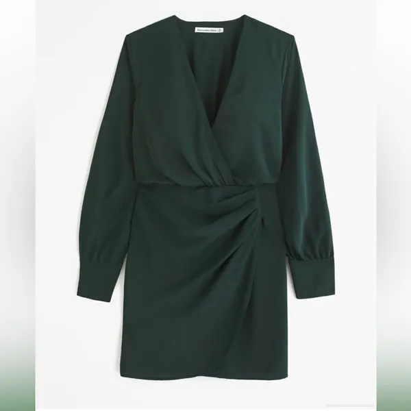 Abercrombie & Fitch Long-Sleeve Draped Mini Dress Dark Green - Image 6