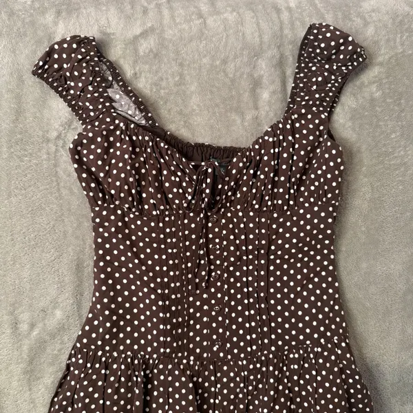 Wild Fable Polka Dot Mini Dress XXS Milkmaid Brown Tiered Ruffle Smocked Lace - Image 7