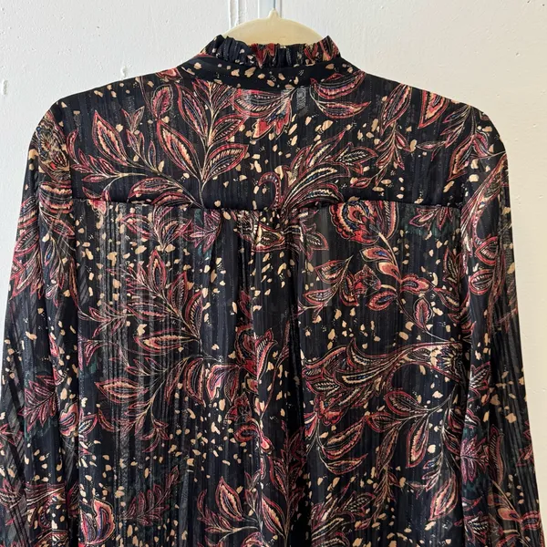 NWT Mango Floral Paisley Metallic Contemporary Ruffle‎ Sheer Blouse Blk Burgundy - Image 6