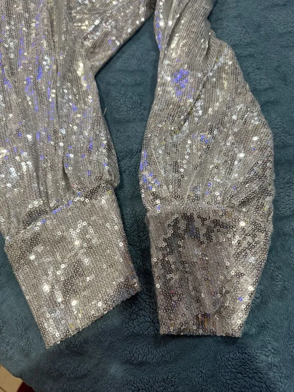 Josey Wynette Silver Sequin Long Sleeve V-Neck Blouse and Matching Jogger Set - Image 8