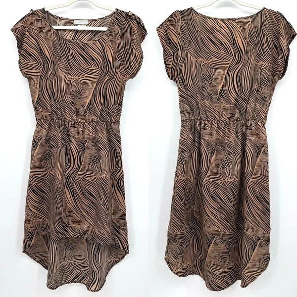 Vintage Toska Hi-Lo Dress Brown Black Leaf Print Summer Short Sleeve Casual Sz L - Image 2