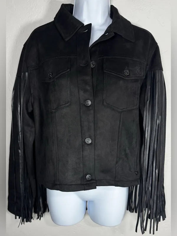 Juicy Couture Black Faux Suede Fringe Trucker Jacket Size Medium - Image 5