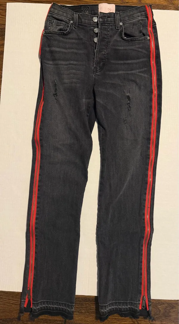 Revice Denim Black High Waisted Skinny Jeans with Red Side Zippers - Image 2