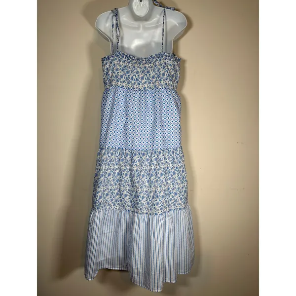 J.Crew Tiered Maxi Dress Blue Mixed Floral Stripe Coastal Cottagecore Boho Med - Image 5