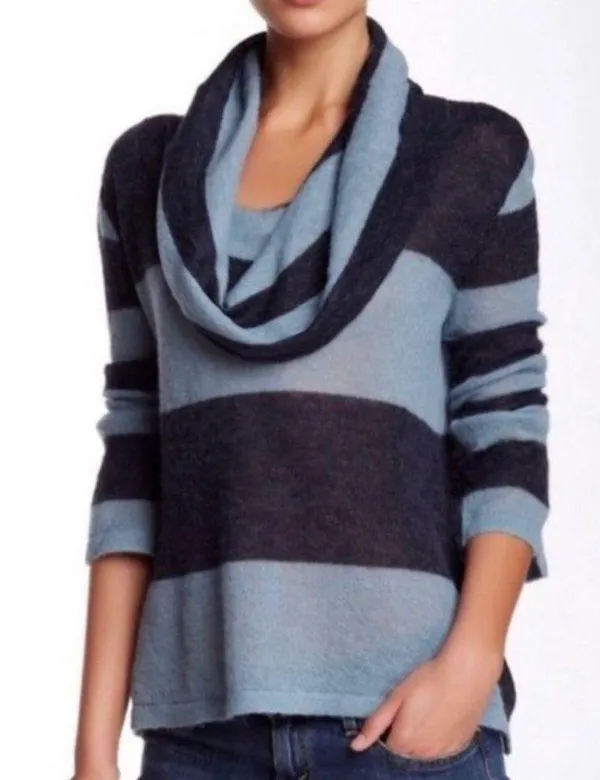Lulu Rugby Blue Striped Cowl Neck Alpaca Wool Blend Sweater - Image 3
