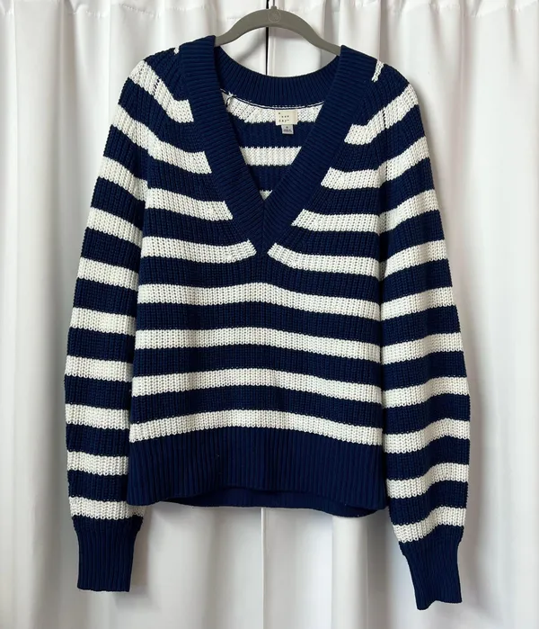 A New Day Blue & White Striped V-neck Knitted Nautical Baggy Sweater - Image 3