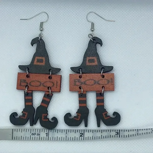 New Halloween Boo witch wooden‎ hook dangle earrings teacher fall artsy - Image 3