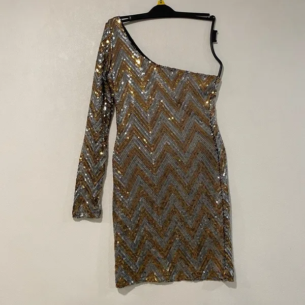 Lovers + Friends Size S Sequin One Shoulder Mini Dress Gold Silver Party - Image 2
