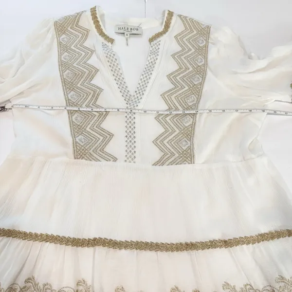 Hale Bob White Gold Embroidered Boho V Neck Tiered Gauze Taliah Dress MEDIUM - Image 13