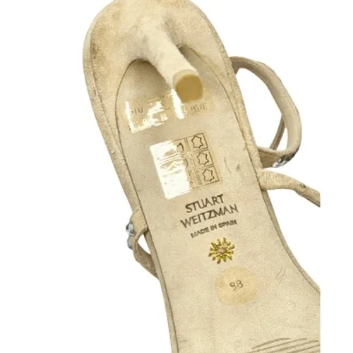 Stuart Weitzman Crystal Embellished Strappy Sandals Beige Suede Heels Size 8B - Image 11