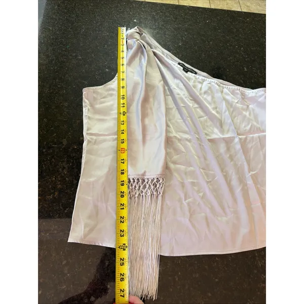 Boston Proper charmeuse‎ fringe one shoulder blouse Silver Shirt Boho Top Zip - Image 9