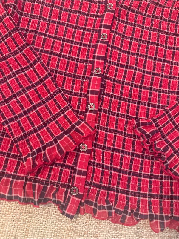 Free People Caught A Feeling Smocked Button-Up Top Shirt Size Large Red Black - Image 3