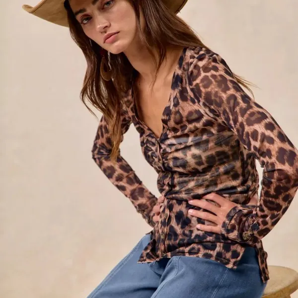 BiBi Leopard Printed Mesh‎ Shirt With Button Up V Neck Size XL - Image 9