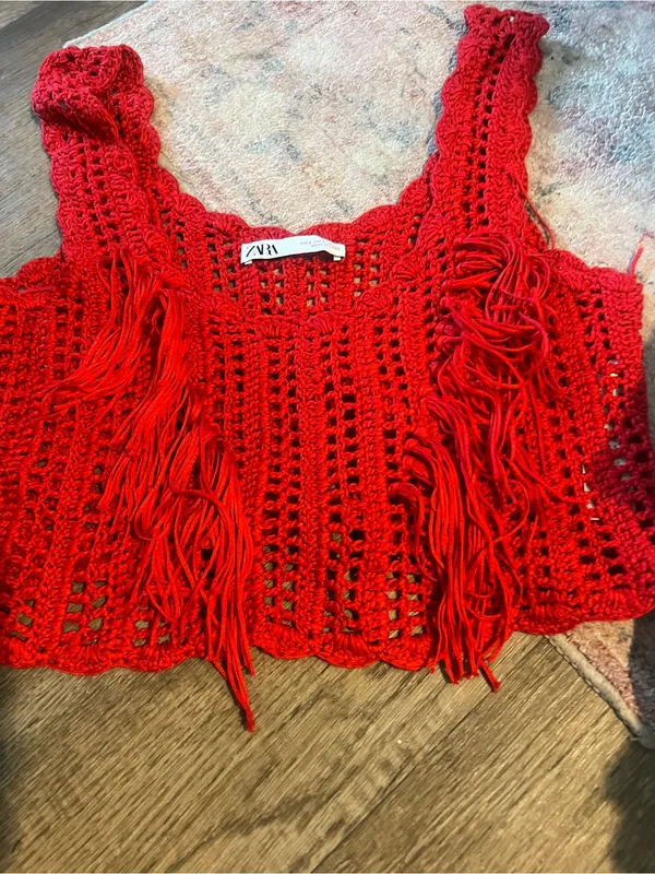 Zara Red Crocheted Fringe Crop Tank Top - Image 8