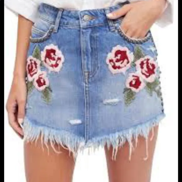 Free People Floral Embroidered Denim Mini Skirt - Image 6