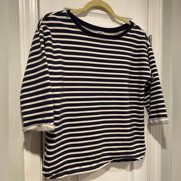 Gap Fit Size M Blue Cream Stripe Crew Neck 3/4 Sleeve Cotton Terry Sweatshirt - Image 3