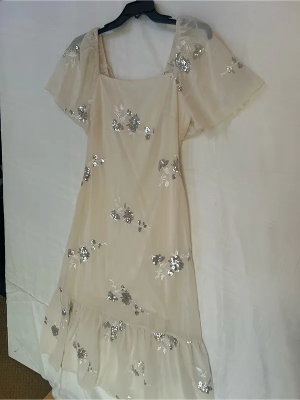 Cream Midi Dress with Silver Sequin Floral Embellishments, Ruffled Hem, Medium. - Image 7