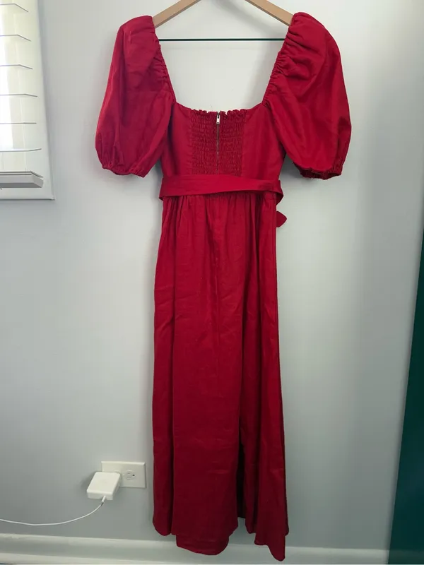 Reformation 4 NEW Tien Linen Dress Cherry Red Fitted Waist Puffy Holiday Belted - Image 5