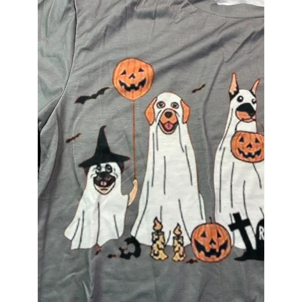 Gray Halloween Ghost Dogs Graphic T-Shirt Short Sleeve Womens Medium Gray Casual - Image 3