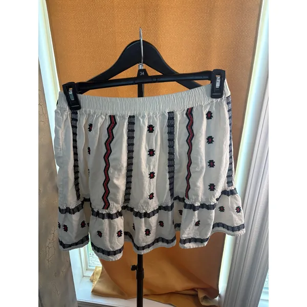LOFT Linen Blend Embroidered Mini Skirt White Navy Red Boho Smocked Waist Size M - Image 2