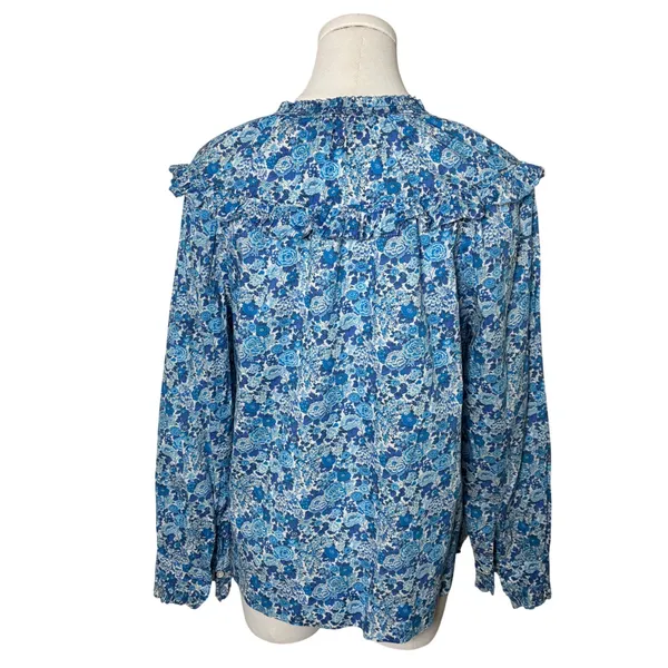 J Crew Liberty Blue Floral Cotton Smocked Ruffle Yoke Blouse M - Image 2