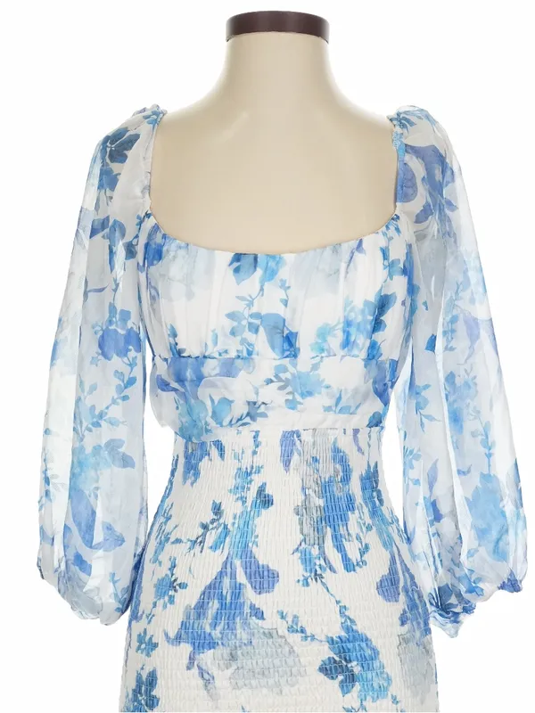 Hello Molly Calendar Girl Blue Floral Shirred Mini Dress Size Small Coquette - Image 3
