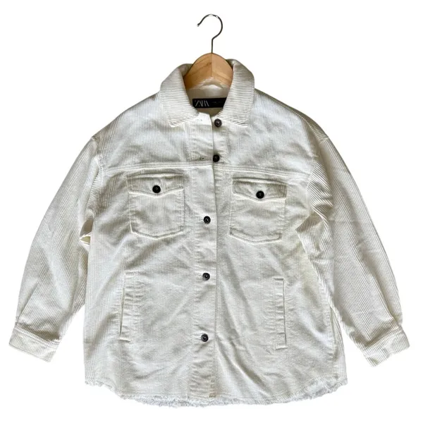 ZARA Corduroy Oversized Shacket Raw Hem Frayed Shirt Jacket Cotton Ivory XS - Image 2