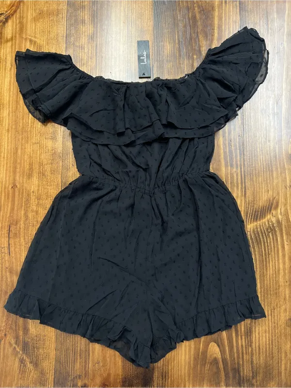 Lulus Frilled to Bits Black Swiss Dot Off-the-Shoulder Romper Size Small NWT - Image 9