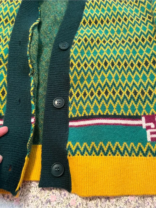Oversized Diamond Patterned Cardigan Sweater Green Size undefined - Image 4