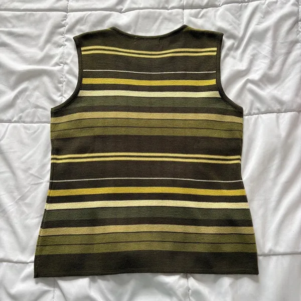Vintage Rafael Wool Green Yellow Striped Knit Sweater Vest Sleeveless Top Medium - Image 5