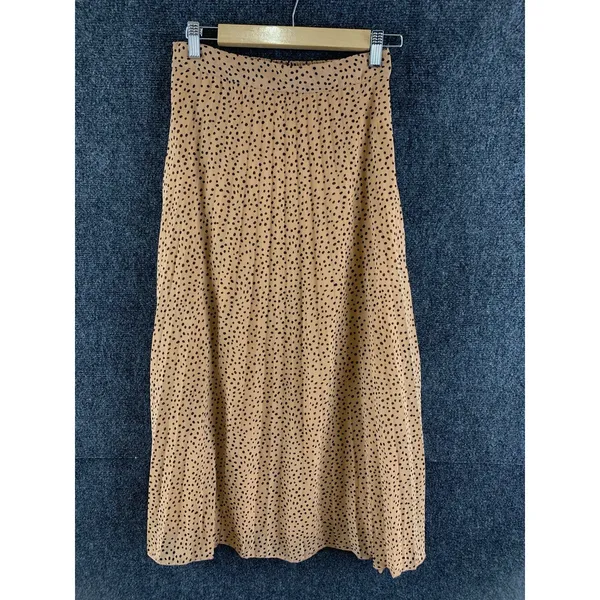 Japna Pleated Midi Skirt Size M Camel Brown Polka Dot Elastic Waist Lined - Image 2
