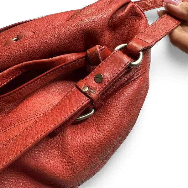 The Sak Red Pebbled Leather Bucket Bag Braided Drawstring Crossbody Handbag Hobo - Image 11