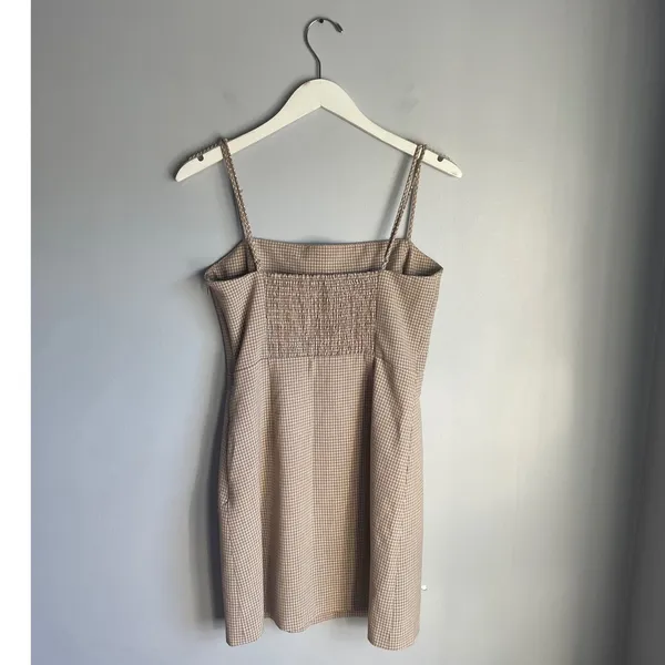 Wilfred Aritzia Brown Gingham Plaid Mini Dress Square Neck Smocked Back Size 8 - Image 2