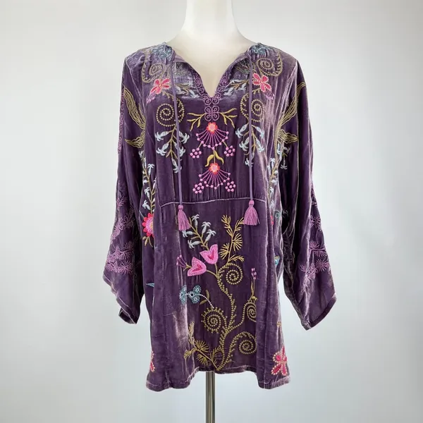 NWOT Johnny Was Silk Blend Velvet Floral Embroidered Tunic Blouse Purple Size XL - Image 3