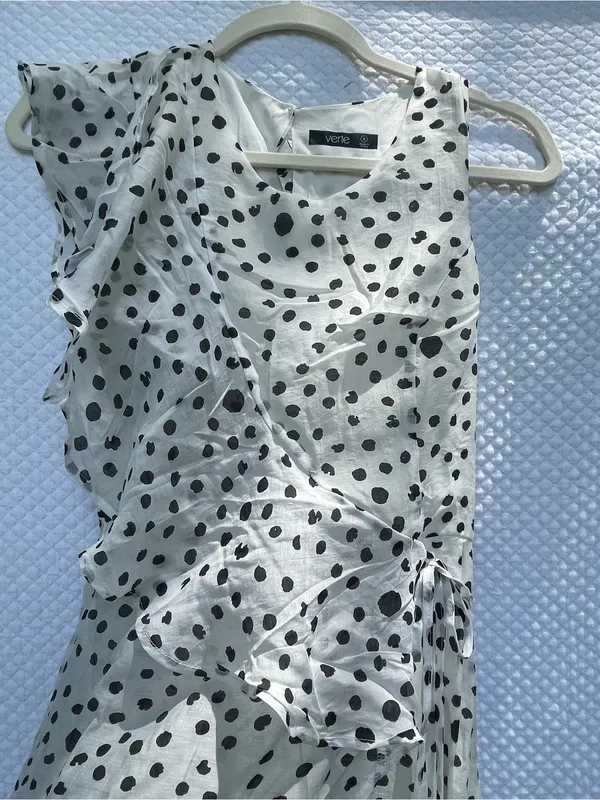 Verte Women’s Size Small White Black Polka Dot Ruffle Wrap Maxi Dress Side Tie - Image 2