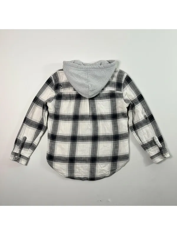 American Eagle Hooded Plaid Flannel Shirt Jacket Women’s Med Black White - Image 2