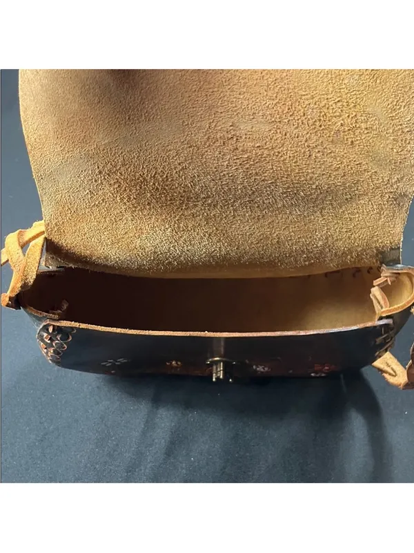 Handmade Handcrafted Brown Floral Tooled Leather Crossbody Bag - Image 5