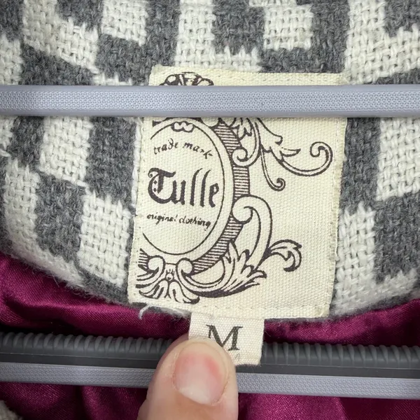 Tulle Geometric Tapestry Coat M Gray Ivory Double Breasted Mod Y2K Retro - Image 4