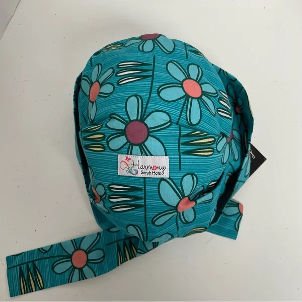 Harmony Scrub Hat Floral Lightweight Elastic Band Retro Boho Cotton Green USA - Image 5