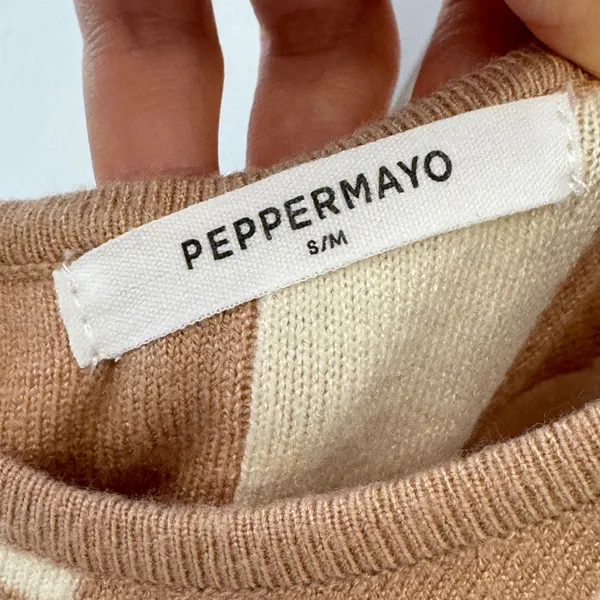 Peppermayo Wavy Checkerboard Knit Midi Dress Tan Cream S/M Sleeveless Bodycon - Image 7