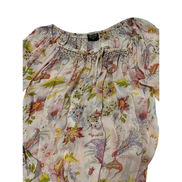 Vintage Revue Boho Floral Smocked Peasant‎ Blouse Pink Rayon Ruffle Hem XL - Image 2