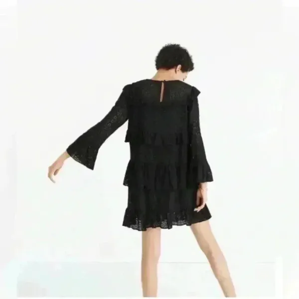 Madewell Women’s Black‎ Eyelet Waterlily Tiered Ruffle Boho Mini Dress Size 10 - Image 3