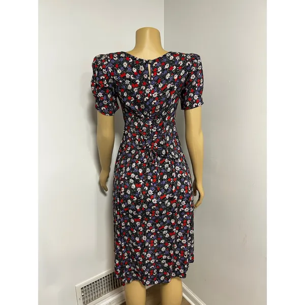 Vintage My Michelle Floral Polka Dot Lace Up Back Midi Dress 90s Black Red Sz 10 - Image 4