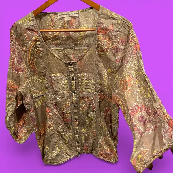 Cute boho western lace mesh paisley lightweight button front blouse festival Y2K - Image 2