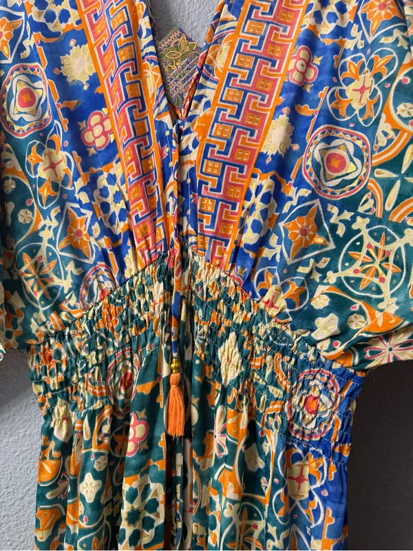 Floral silk maxi dress Geo-Print V-Neck in Teal and Orange nwt - Image 4